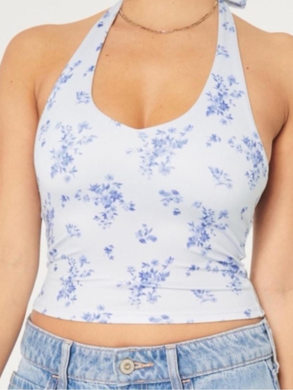 Hollister Blue floral Halter Crop Top XL